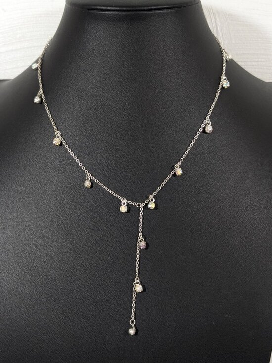 Silver Tone Aurora Borealis Rhinestone Charm Y-Drop Necklace Dainty 18" - Picture 1 of 8